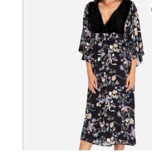 Johnny Was Jade Black Silk Floral‎ Velvet Yoke Lined Midi Dress Boho Moody Med